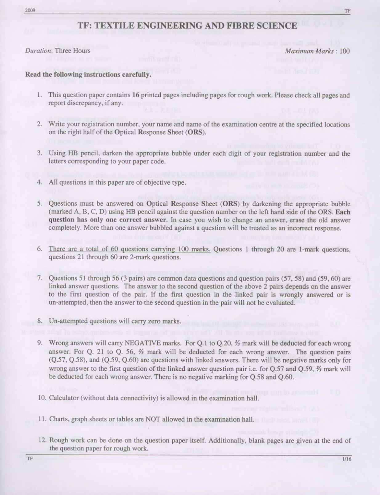 GATE 2009 Textile Engineering and Fibre Science (TF) Question Paper with Answer Key - Page 1
