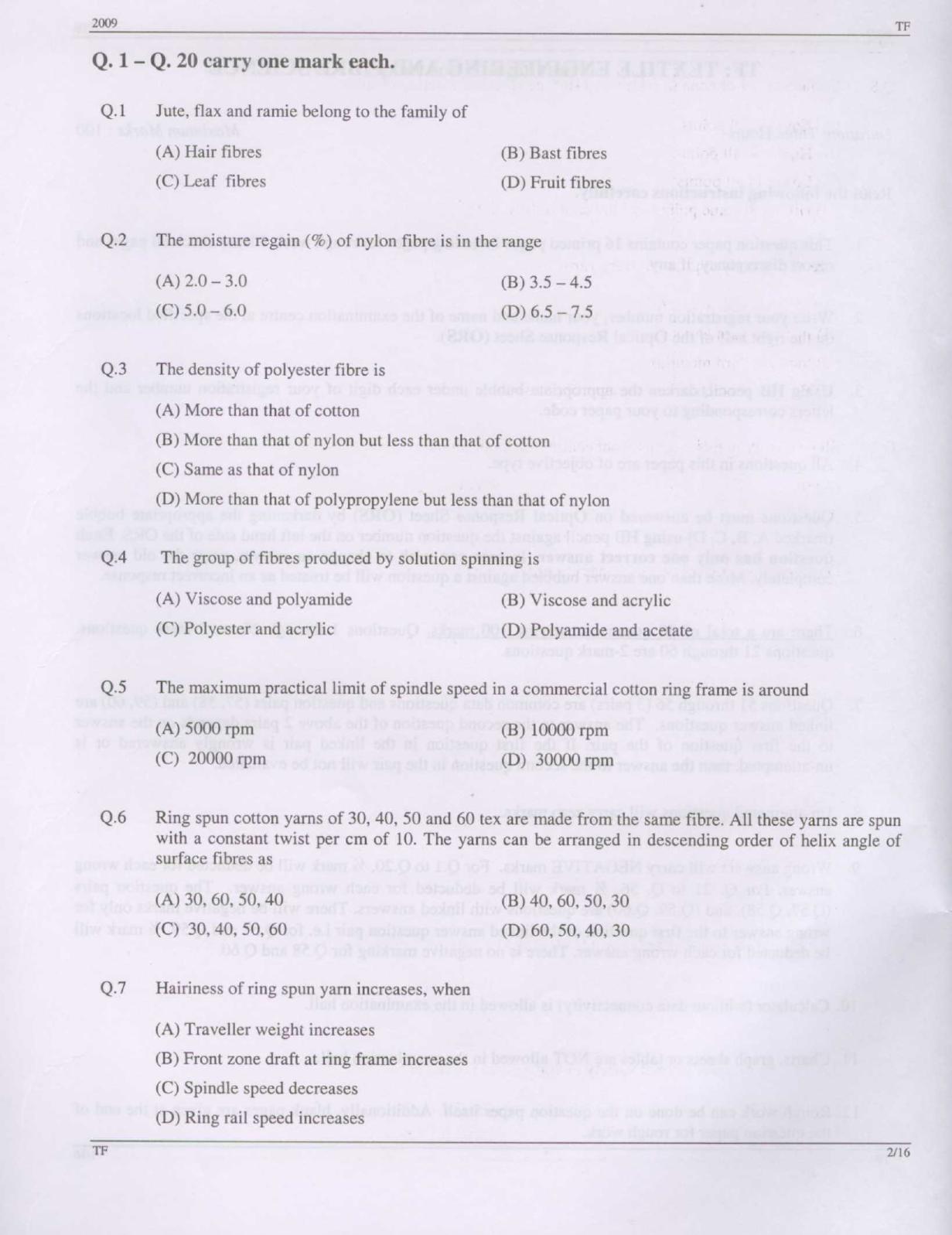 GATE 2009 Textile Engineering and Fibre Science (TF) Question Paper with Answer Key - Page 2