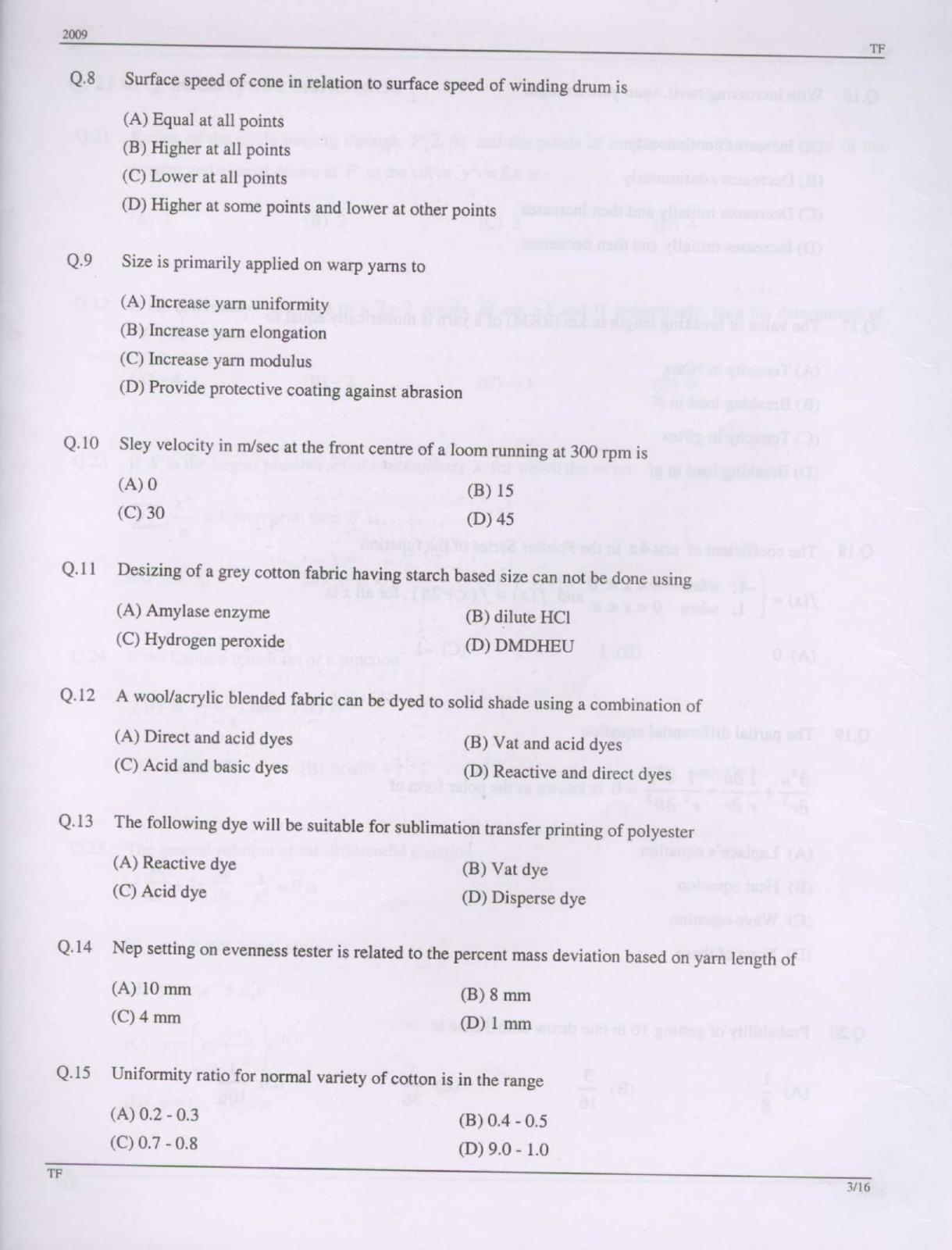 GATE 2009 Textile Engineering and Fibre Science (TF) Question Paper with Answer Key - Page 3