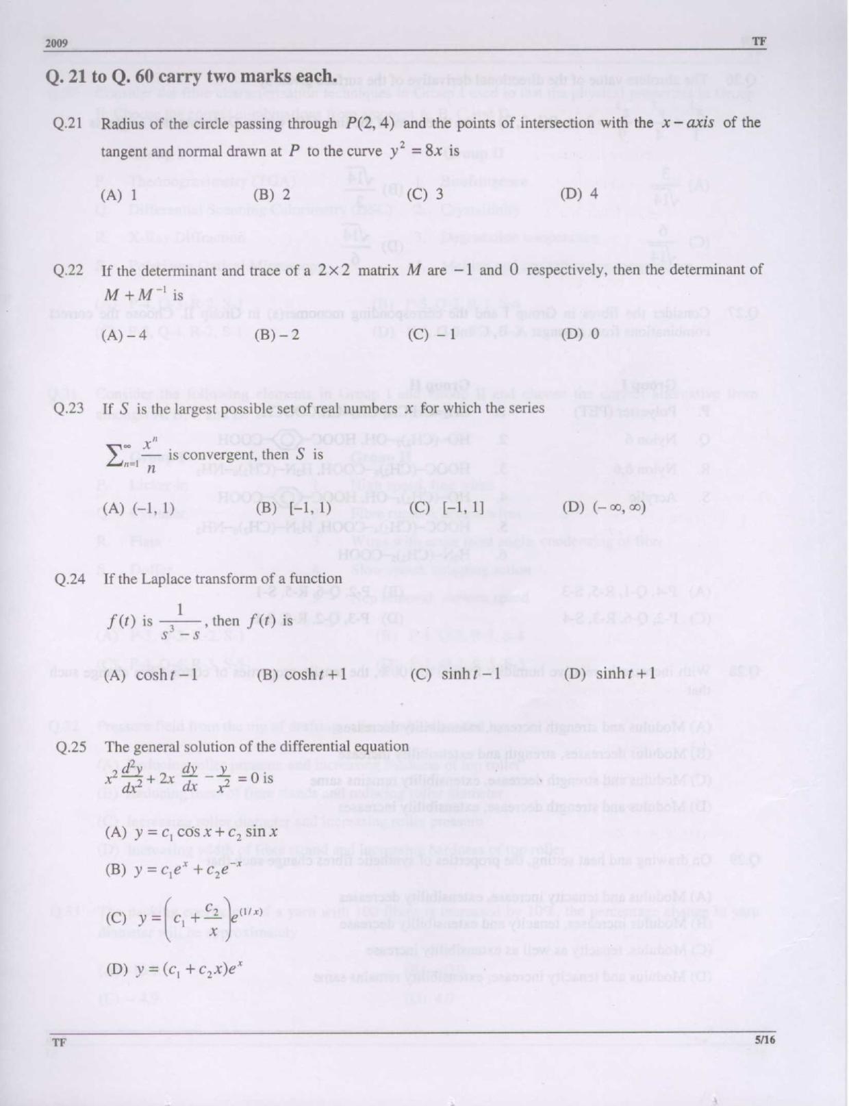 GATE 2009 Textile Engineering and Fibre Science (TF) Question Paper with Answer Key - Page 5