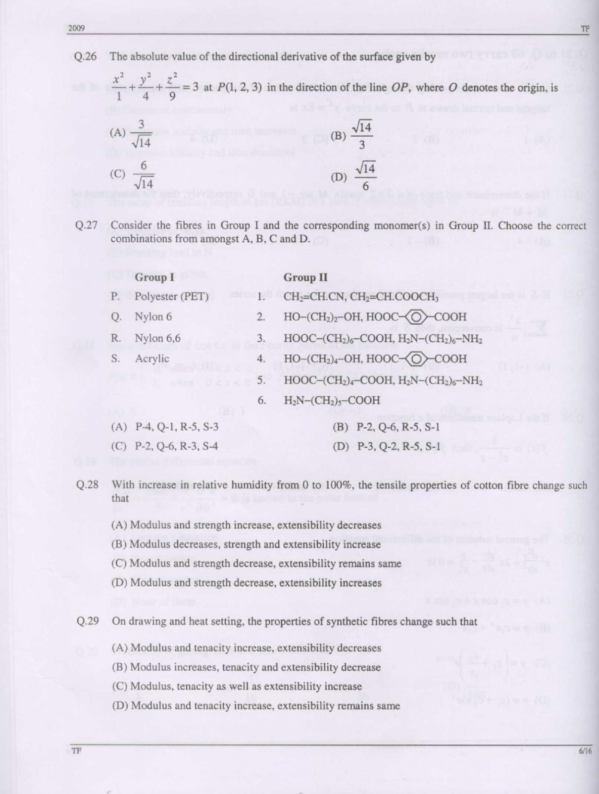 GATE 2009 Textile Engineering and Fibre Science (TF) Question Paper with Answer Key - Page 6