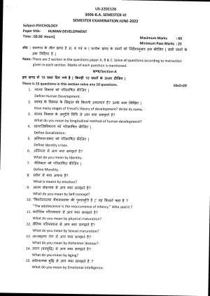 Bilaspur University Question Paper July 2022:B.A. Semester-VI Psychology KG Raigarh Paper 1