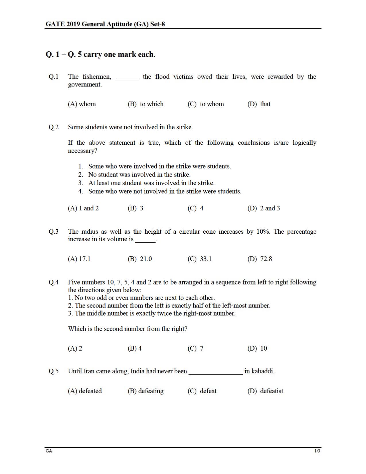 GATE 2019 Production and Industrial Engineering (PI) Question Paper - Page 1