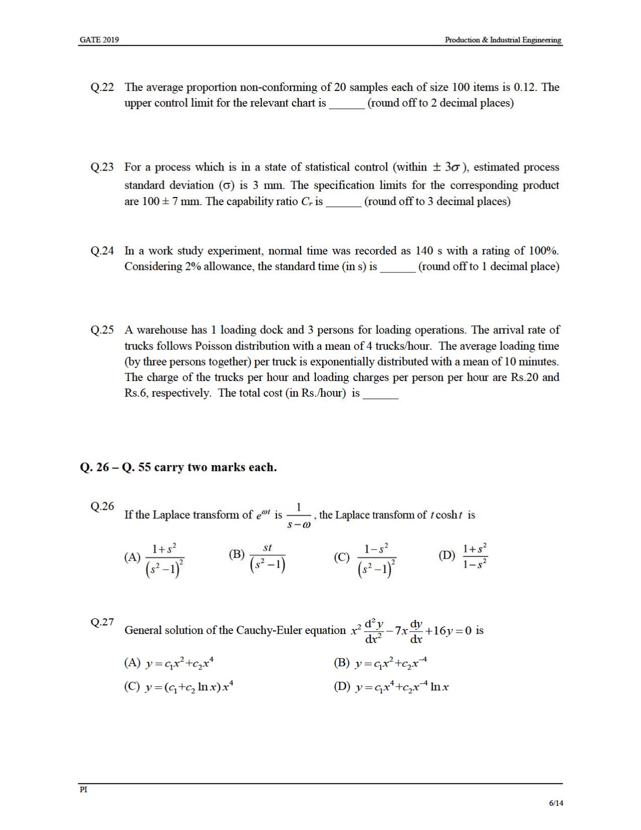 GATE 2019 Production and Industrial Engineering (PI) Question Paper - Page 9