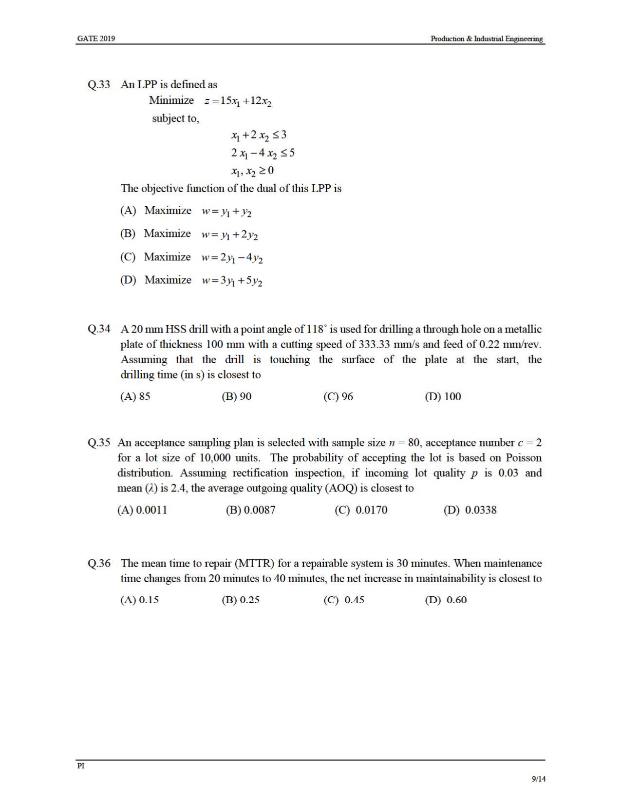GATE 2019 Production and Industrial Engineering (PI) Question Paper - Page 12