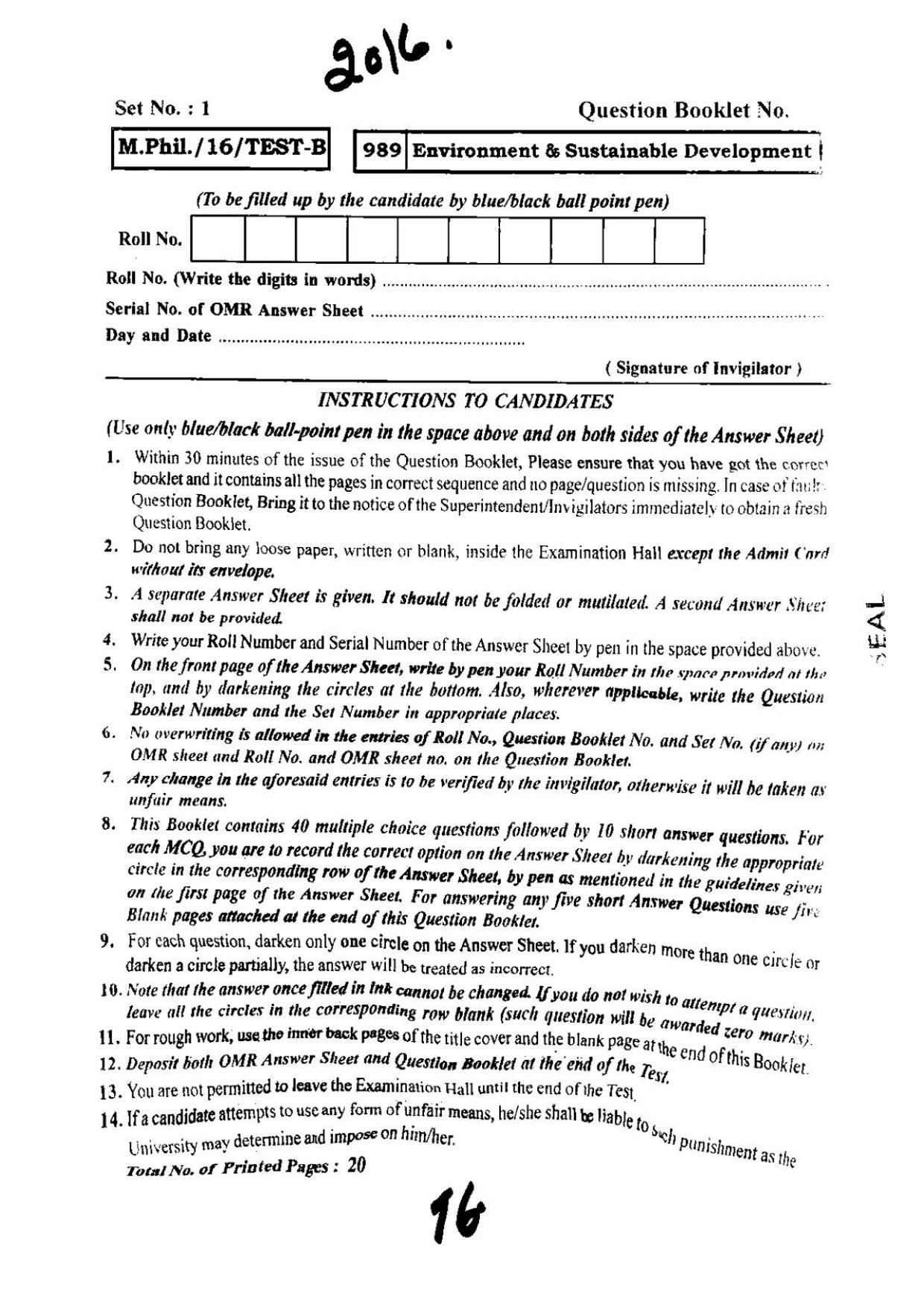 BHU RET Environment and Sustainable Development 2016 Question Paper - Page 1