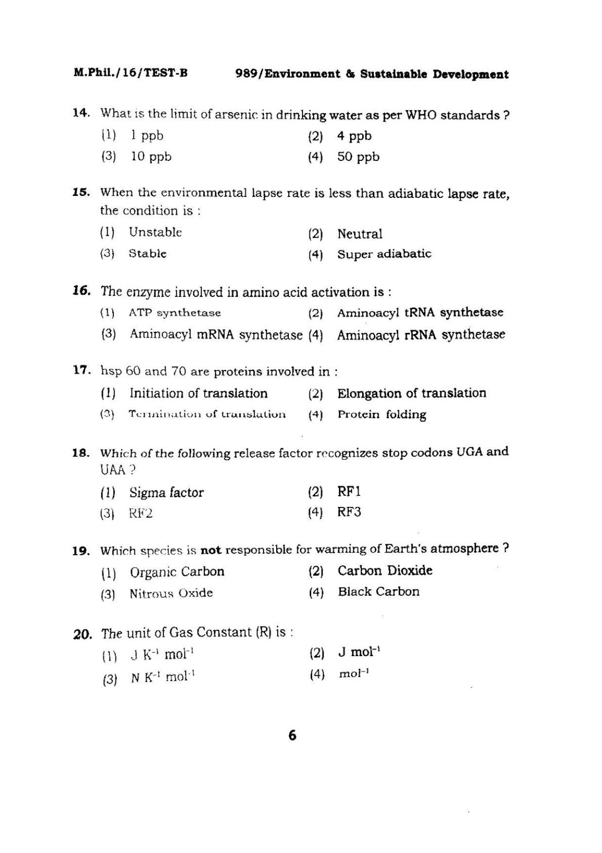 BHU RET Environment and Sustainable Development 2016 Question Paper - Page 6