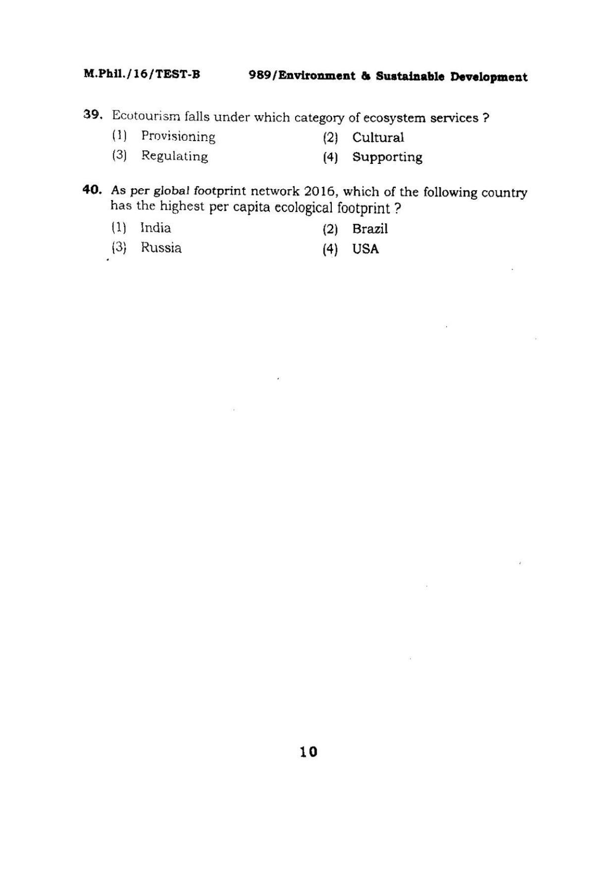 BHU RET Environment and Sustainable Development 2016 Question Paper - Page 10