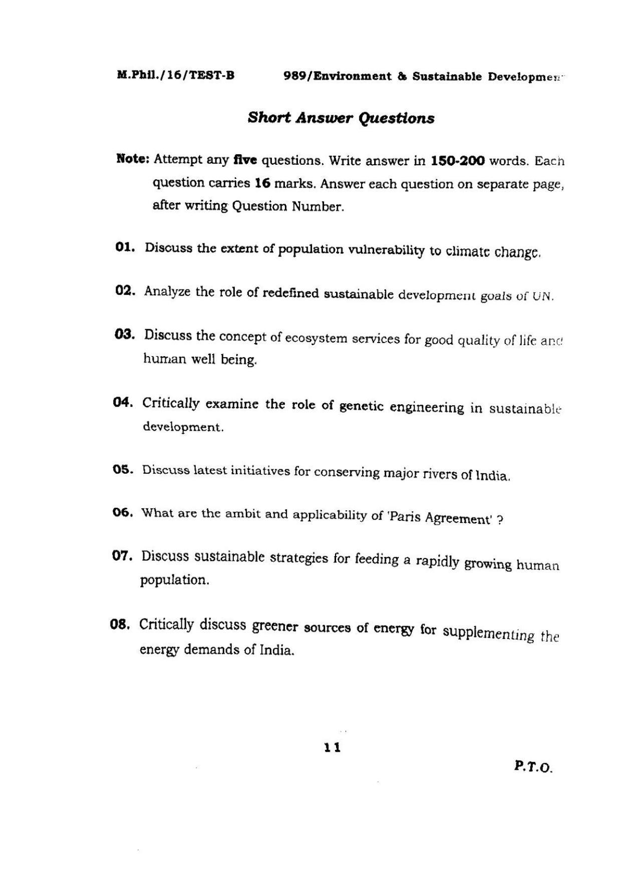 BHU RET Environment and Sustainable Development 2016 Question Paper - Page 11