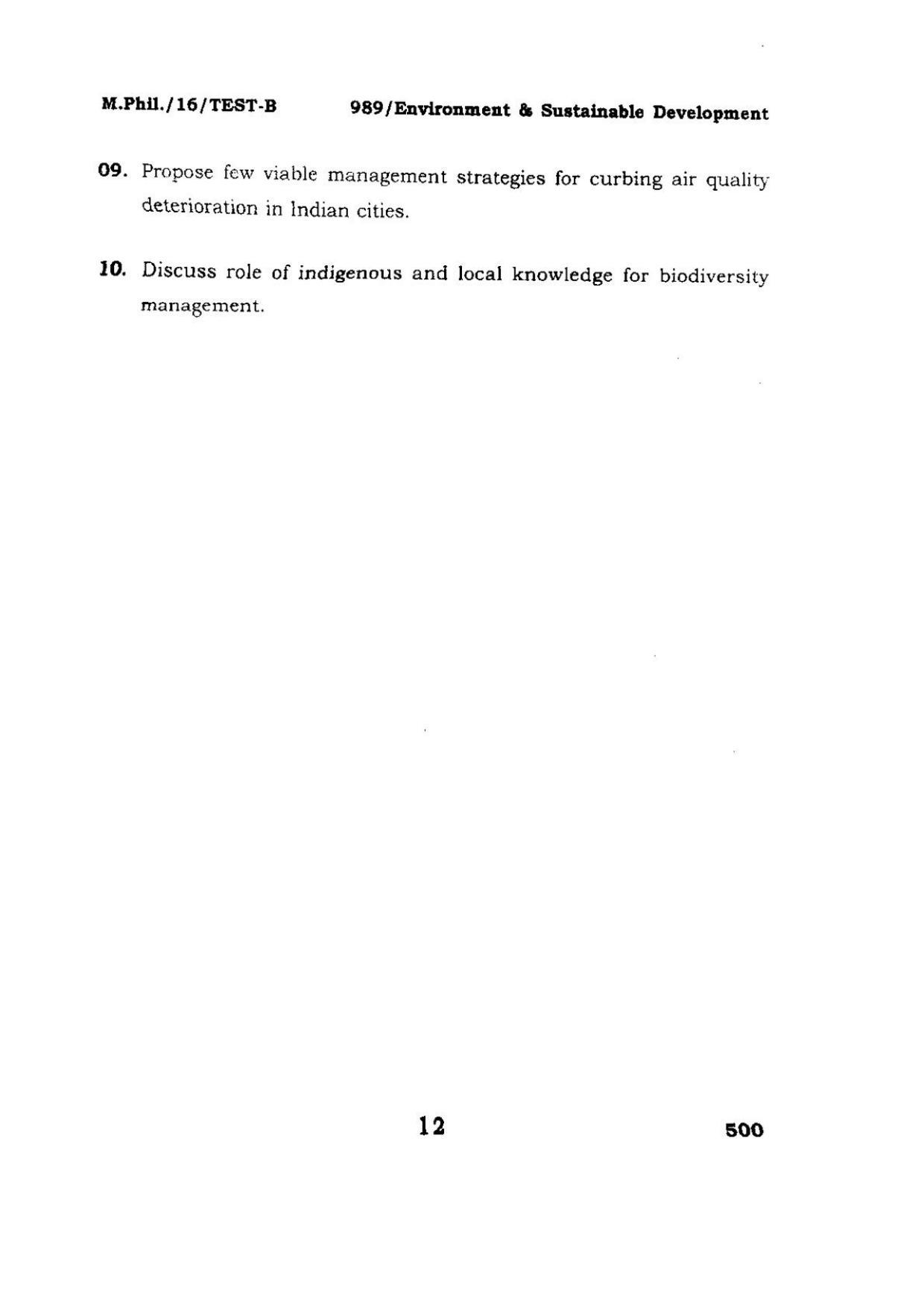 BHU RET Environment and Sustainable Development 2016 Question Paper - Page 12