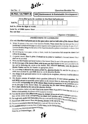 BHU RET Environment and Sustainable Development 2016 Question Paper
