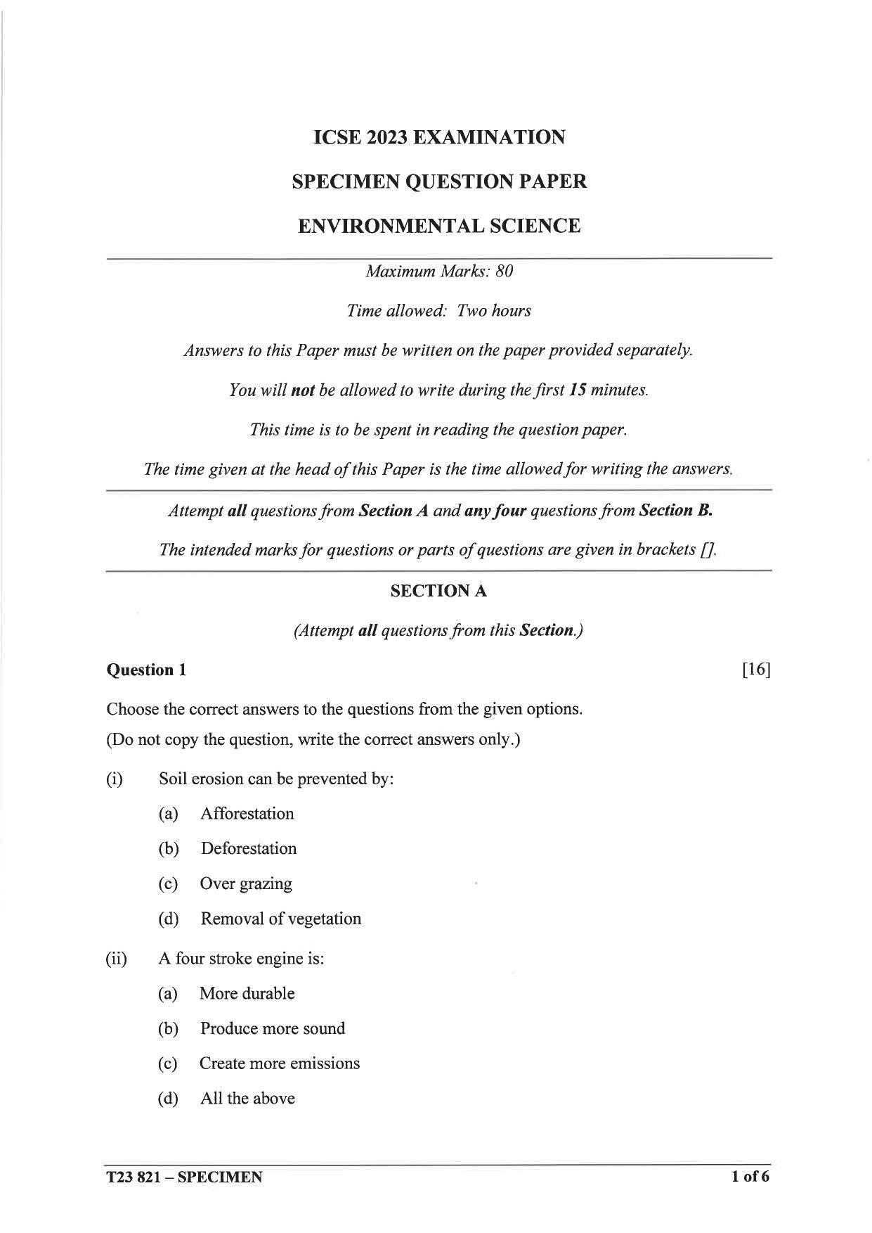 ICSE Class 10 Environmental Science Sample Paper 2023 - Page 1