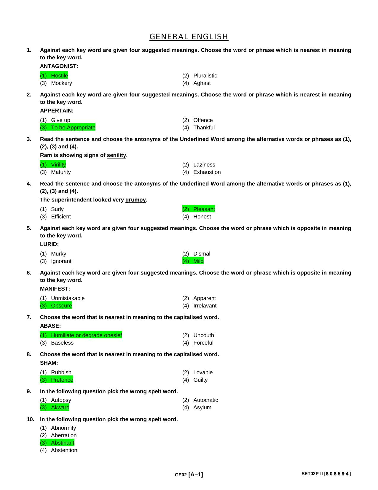 HPU B.Sc Nursing english Sample MCQs - Page 1