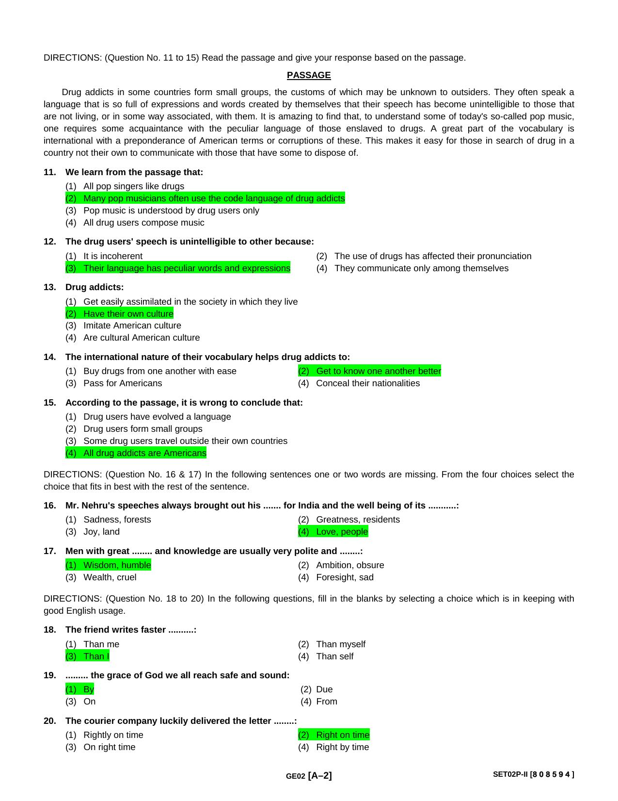 HPU B.Sc Nursing english Sample MCQs - Page 2