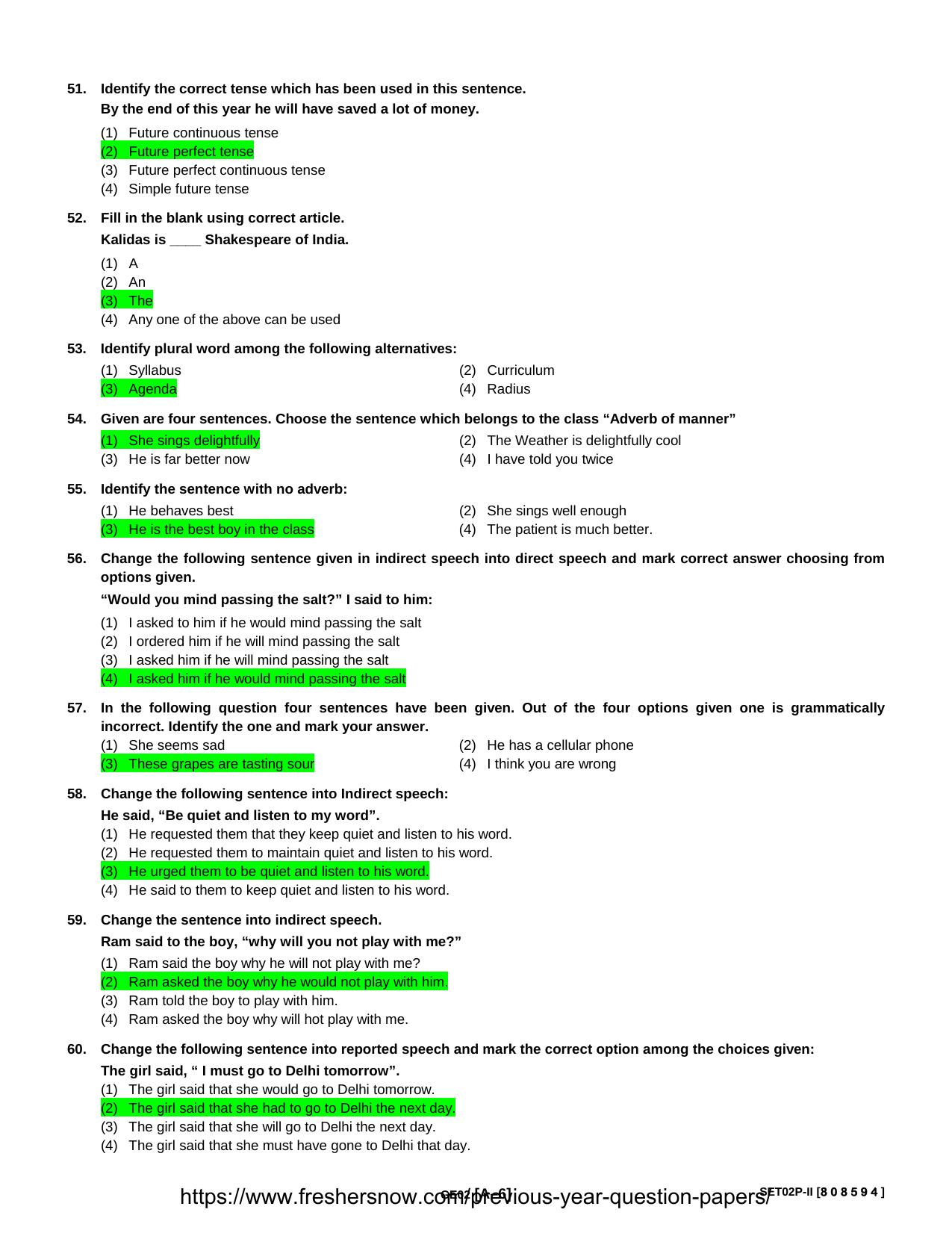 HPU B.Sc Nursing english Sample MCQs - Page 6