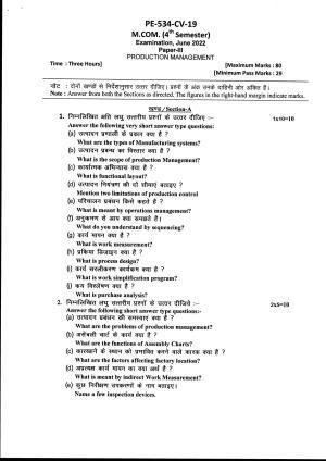 Bilaspur University Question Paper June 2022:M.COM (Fourth Semester) Production Management Paper 1