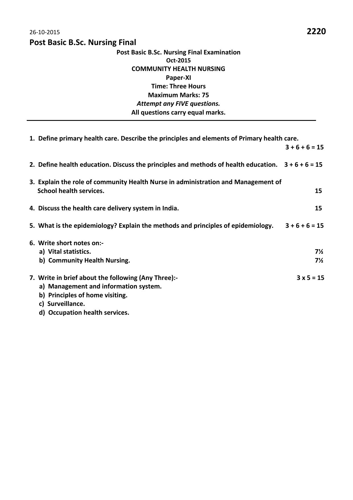 RUHS Post Basic B.Sc Nursing (Final) 2015 Question Paper - Page 1
