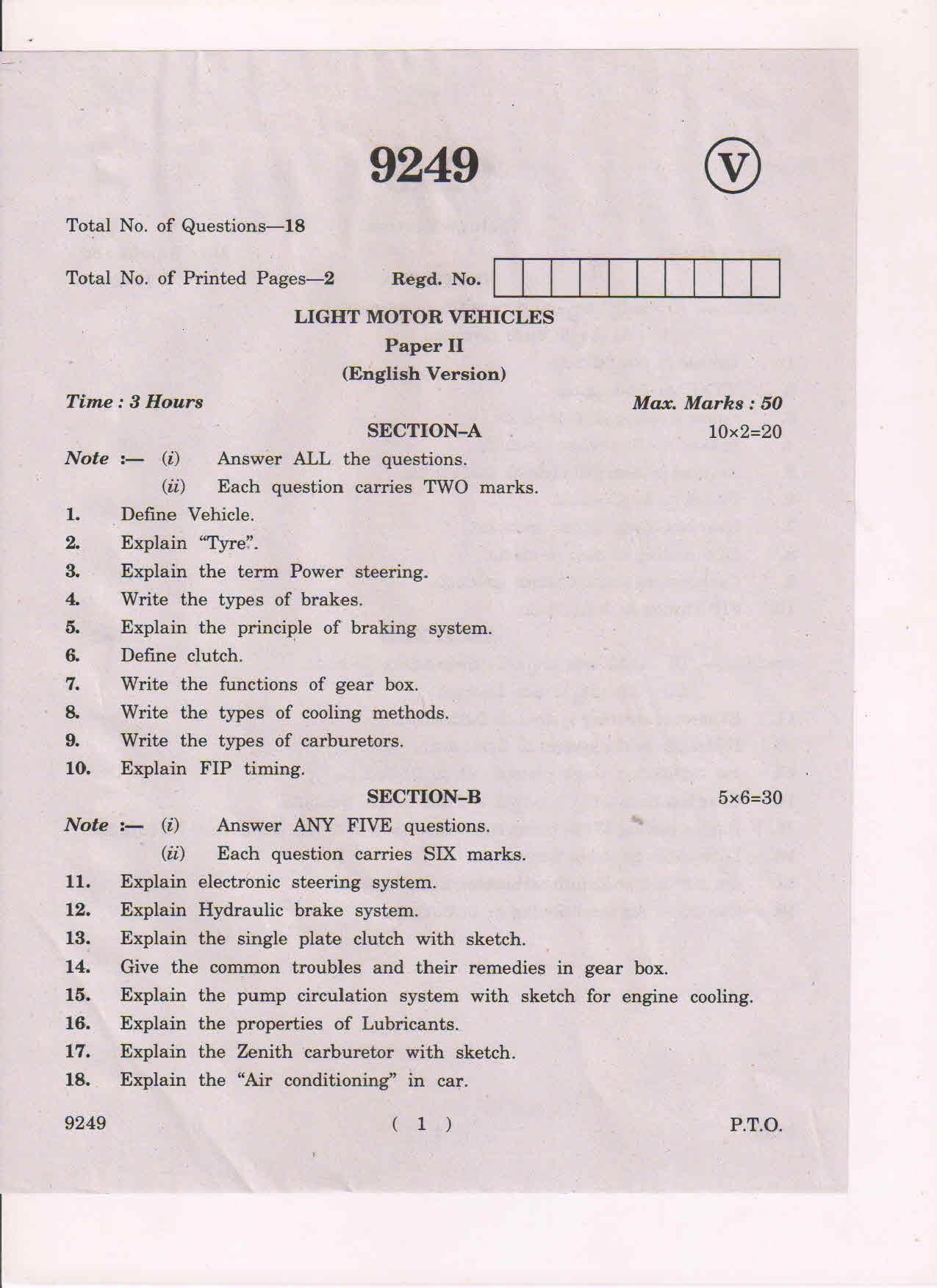 AP Inter 2nd Year Light Motor Vehicles-II March-2019-Vocational Question Paper - Page 1