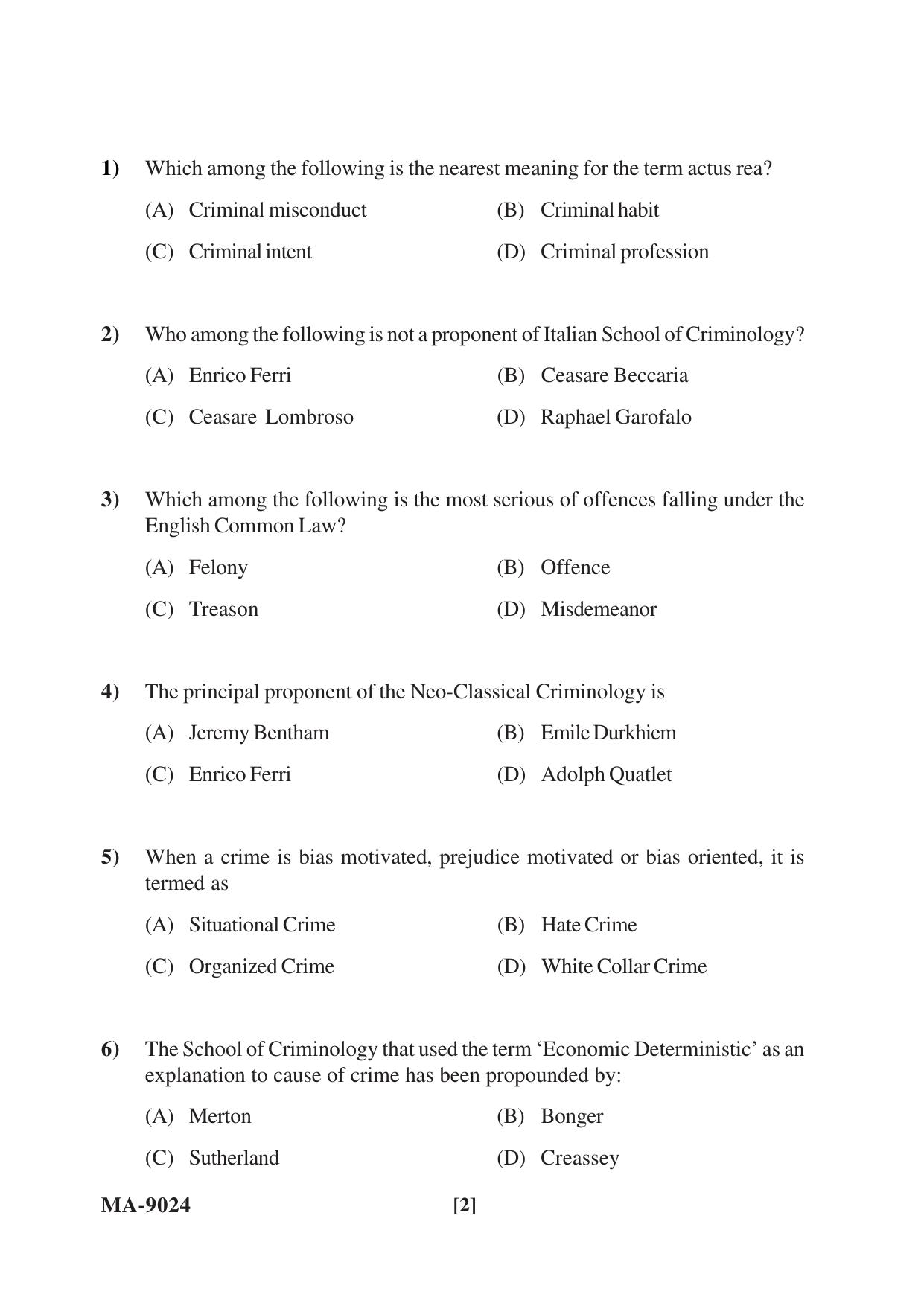 Mysore University PG Entrance Exam 2022: M.Sc Criminology and Forensic Science Question Paper - Page 2