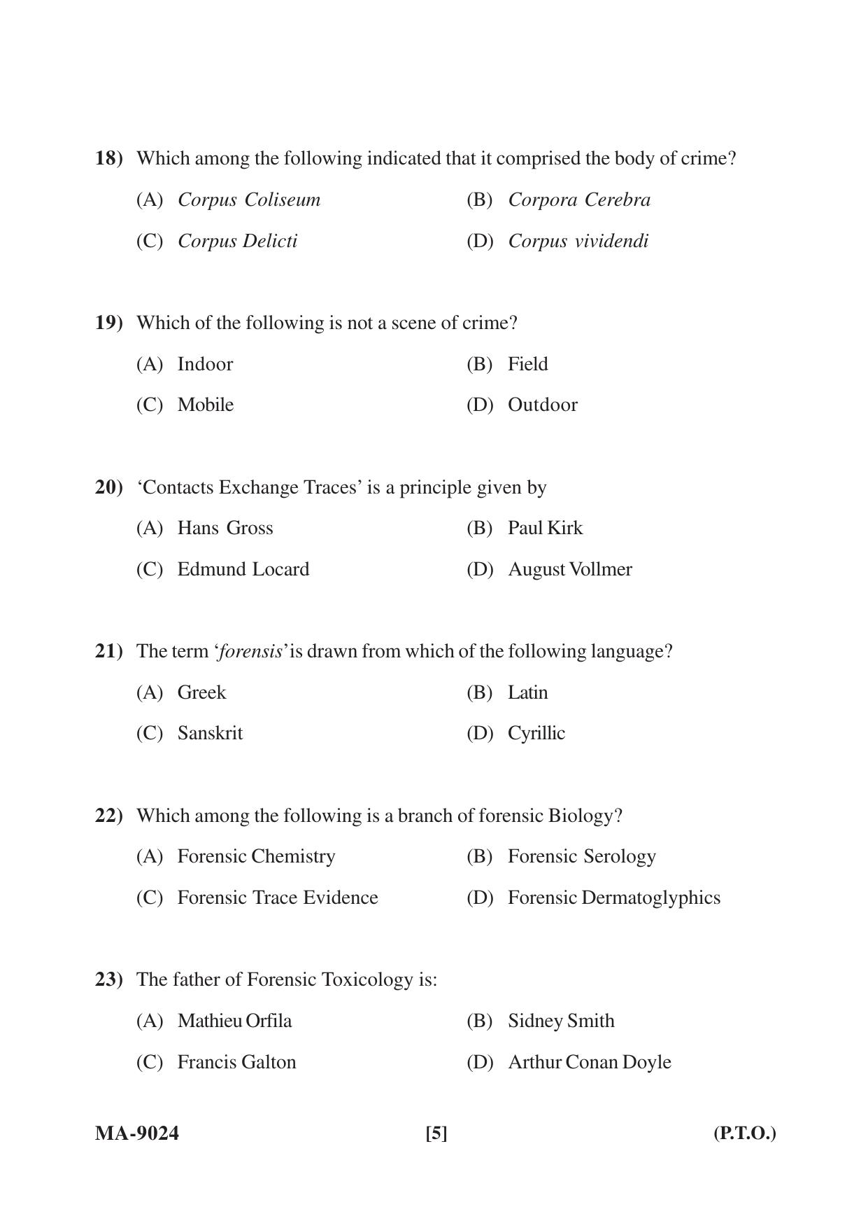 Mysore University PG Entrance Exam 2022: M.Sc Criminology and Forensic Science Question Paper - Page 5
