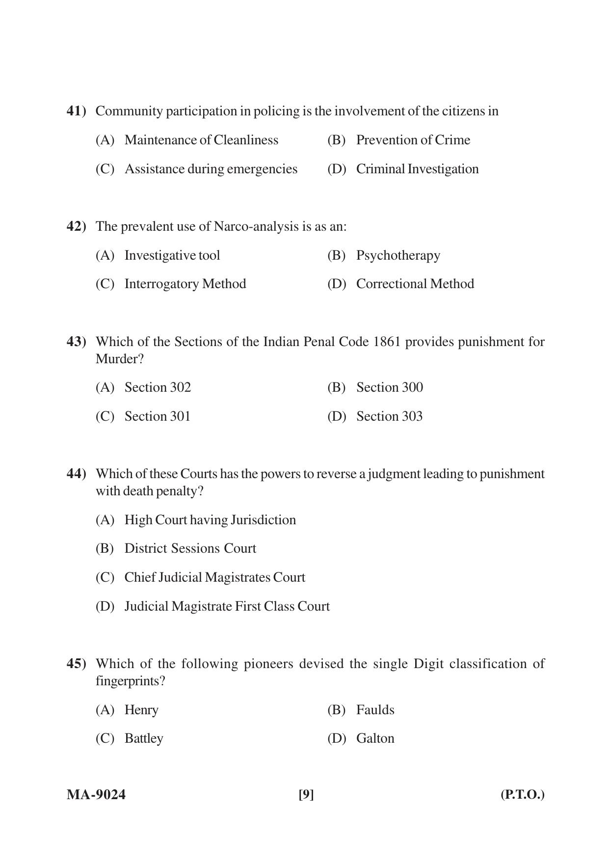 Mysore University PG Entrance Exam 2022: M.Sc Criminology and Forensic Science Question Paper - Page 9