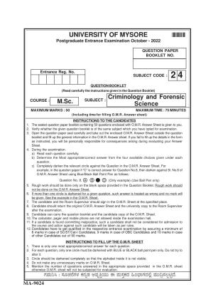 Mysore University PG Entrance Exam 2022: M.Sc Criminology and Forensic Science Question Paper