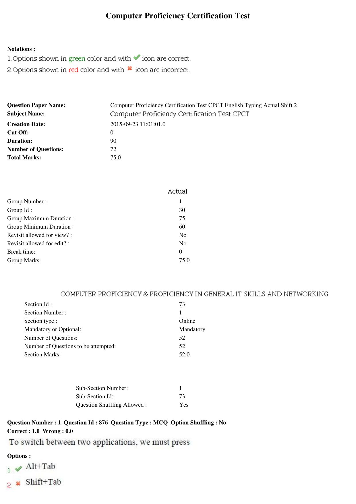 MP CPCT 11th Sept 2015 CPCT Question Paper Shift 2 - Page 1