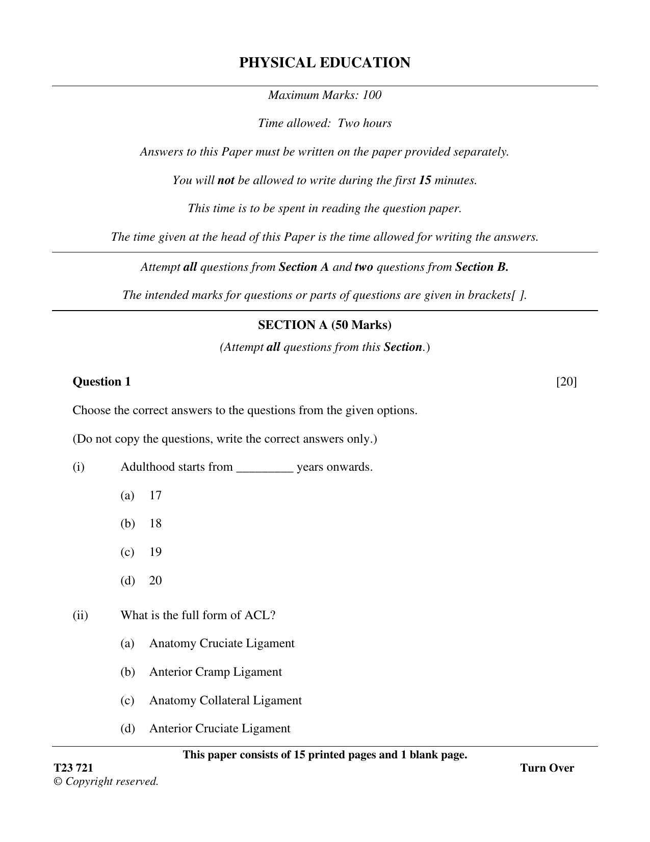 ICSE Class 10 PHYSICAL EDUCATION 2023 Question Paper - Page 1