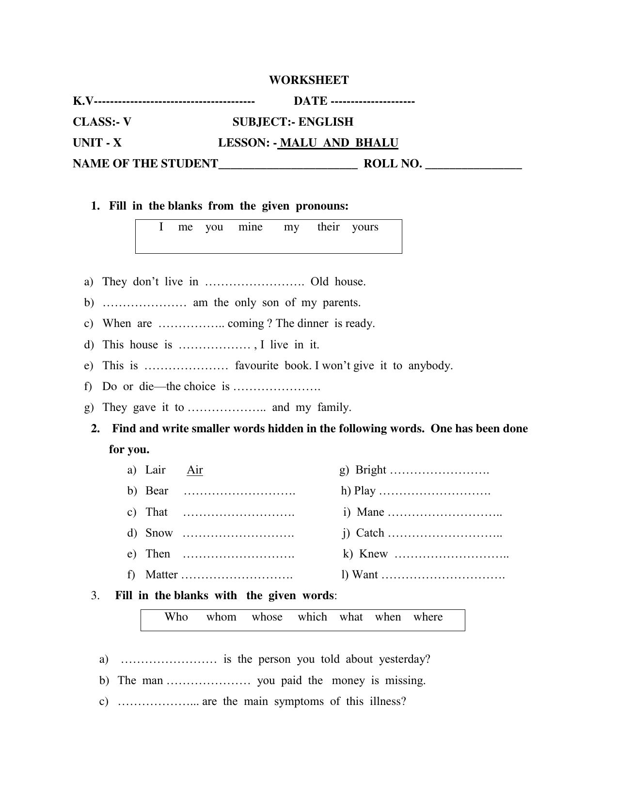 Worksheet for Class 5 English Malu and Bhalu Assignment 2 - Page 1