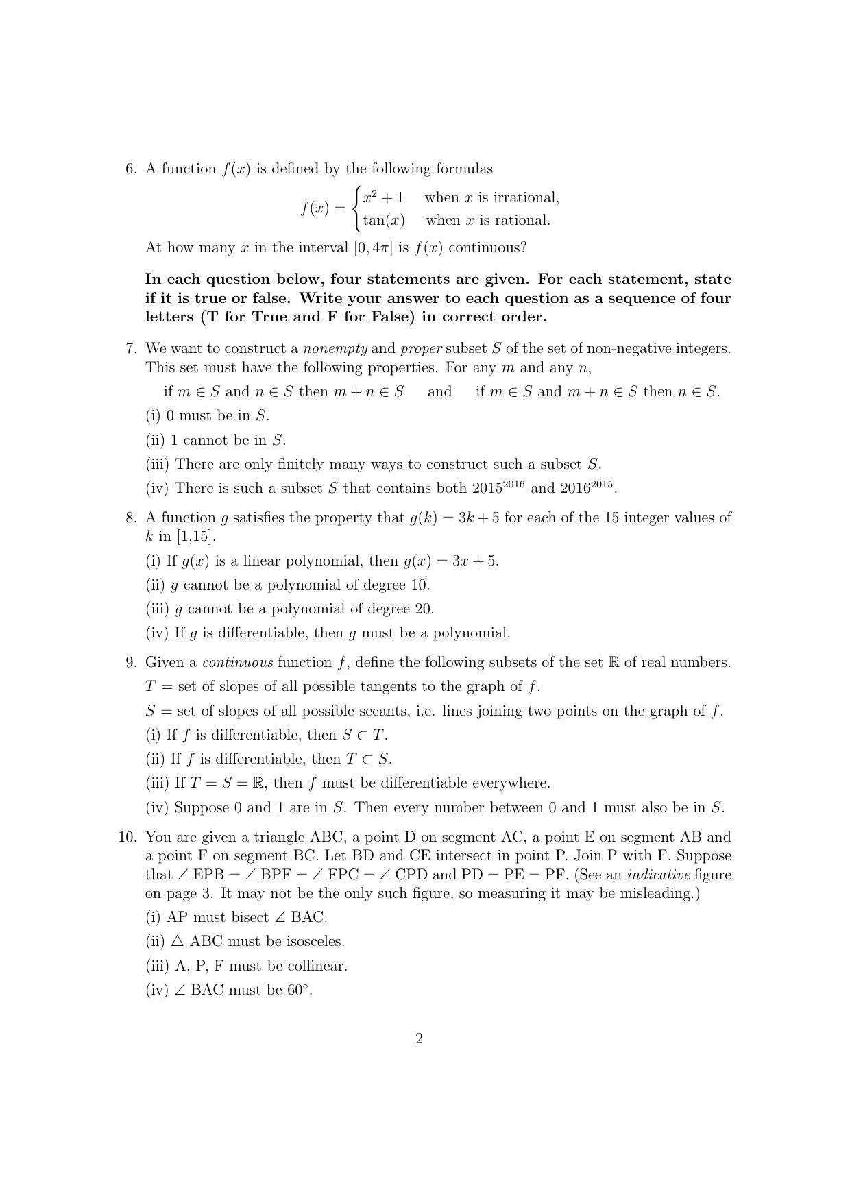 CMI Entrance Exam 2016 Question Paper B.Sc (Hons.) Mathematics and Computer Science - Page 2