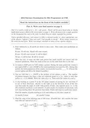 CMI Entrance Exam 2016 Question Paper B.Sc (Hons.) Mathematics and Computer Science