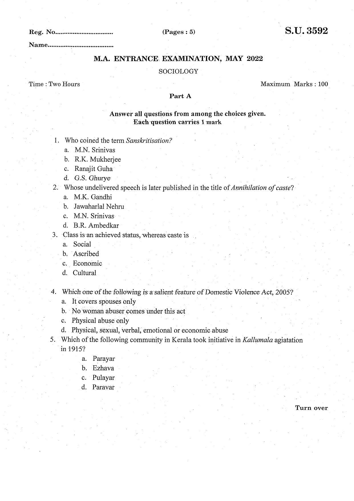 SSUS Entrance Exam Sociology 2022 Question Paper - Page 1