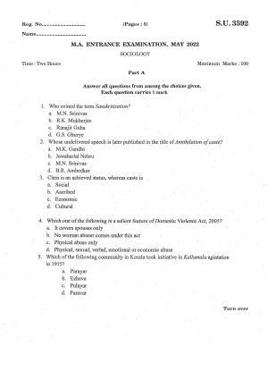 SSUS Entrance Exam Sociology 2022 Question Paper