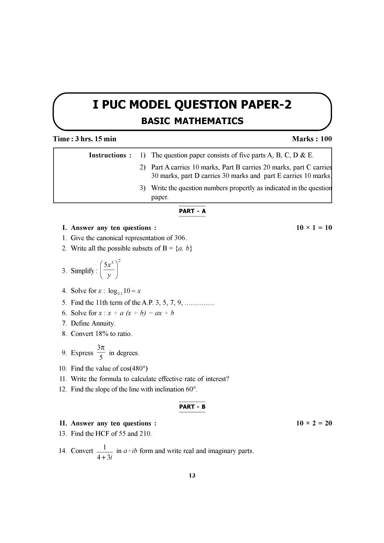 Karnataka 1st PUC Question Bank for Basic Maths - Page 17