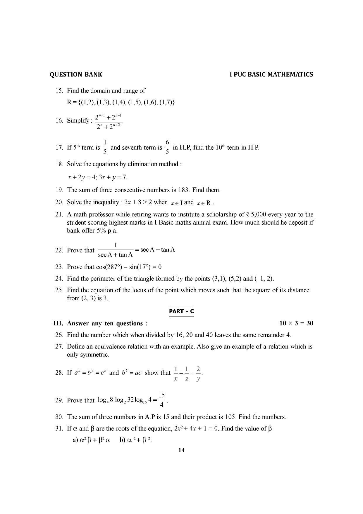 Karnataka 1st PUC Question Bank for Basic Maths - Page 18