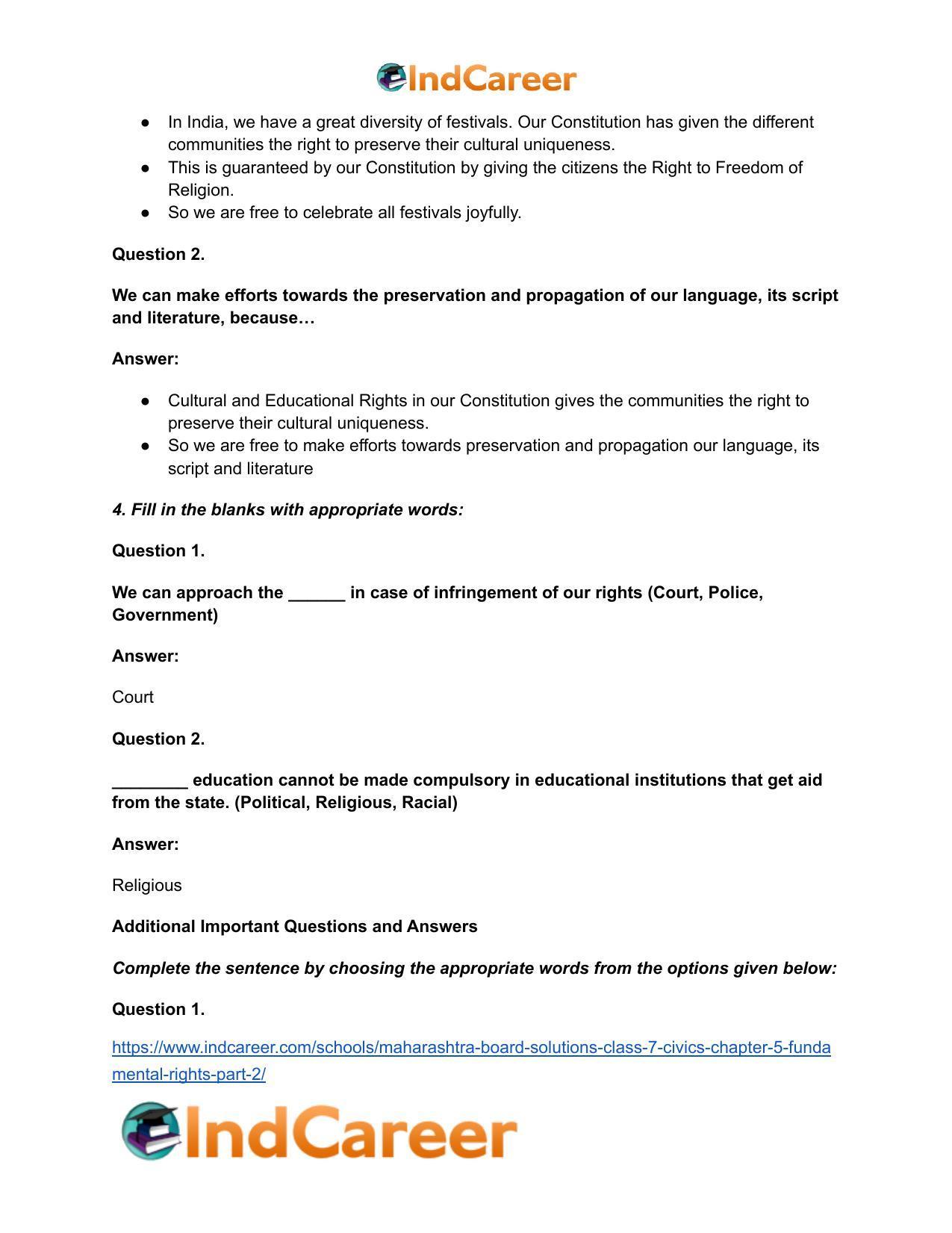 Maharashtra Board Solutions Class 7-Civics: Chapter 5- Fundamental Rights Part 2 - Page 4