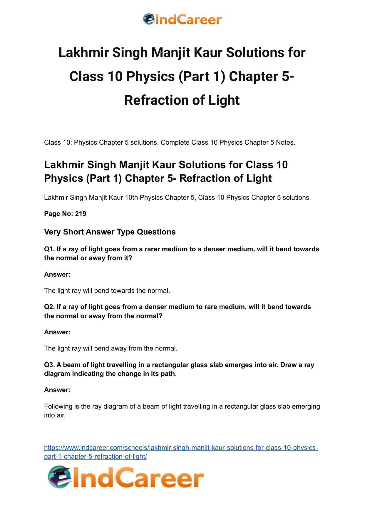 Lakhmir Singh Manjit Kaur Solutions for Class 10 Physics (Part 1) Chapter 5- Refraction of Light - Page 2