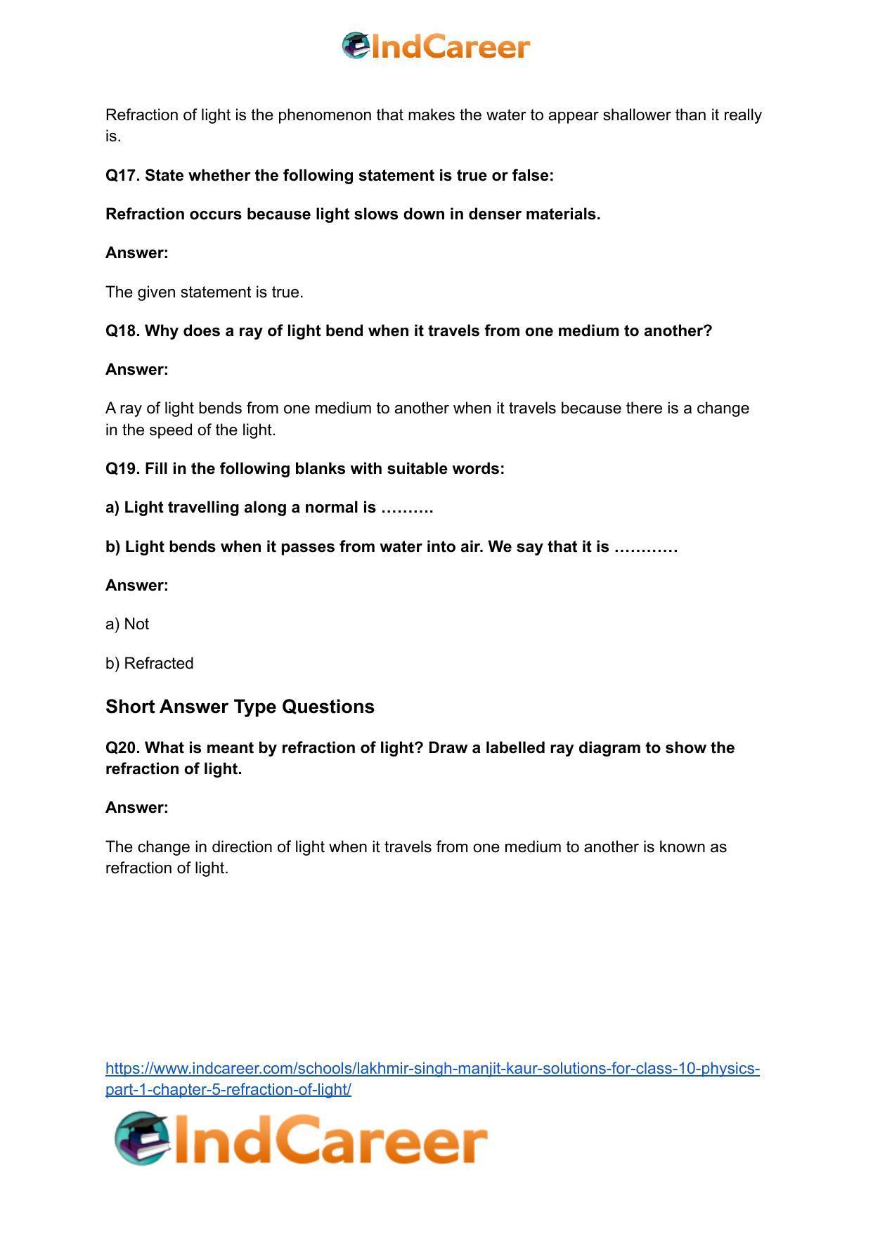Lakhmir Singh Manjit Kaur Solutions for Class 10 Physics (Part 1) Chapter 5- Refraction of Light - Page 7