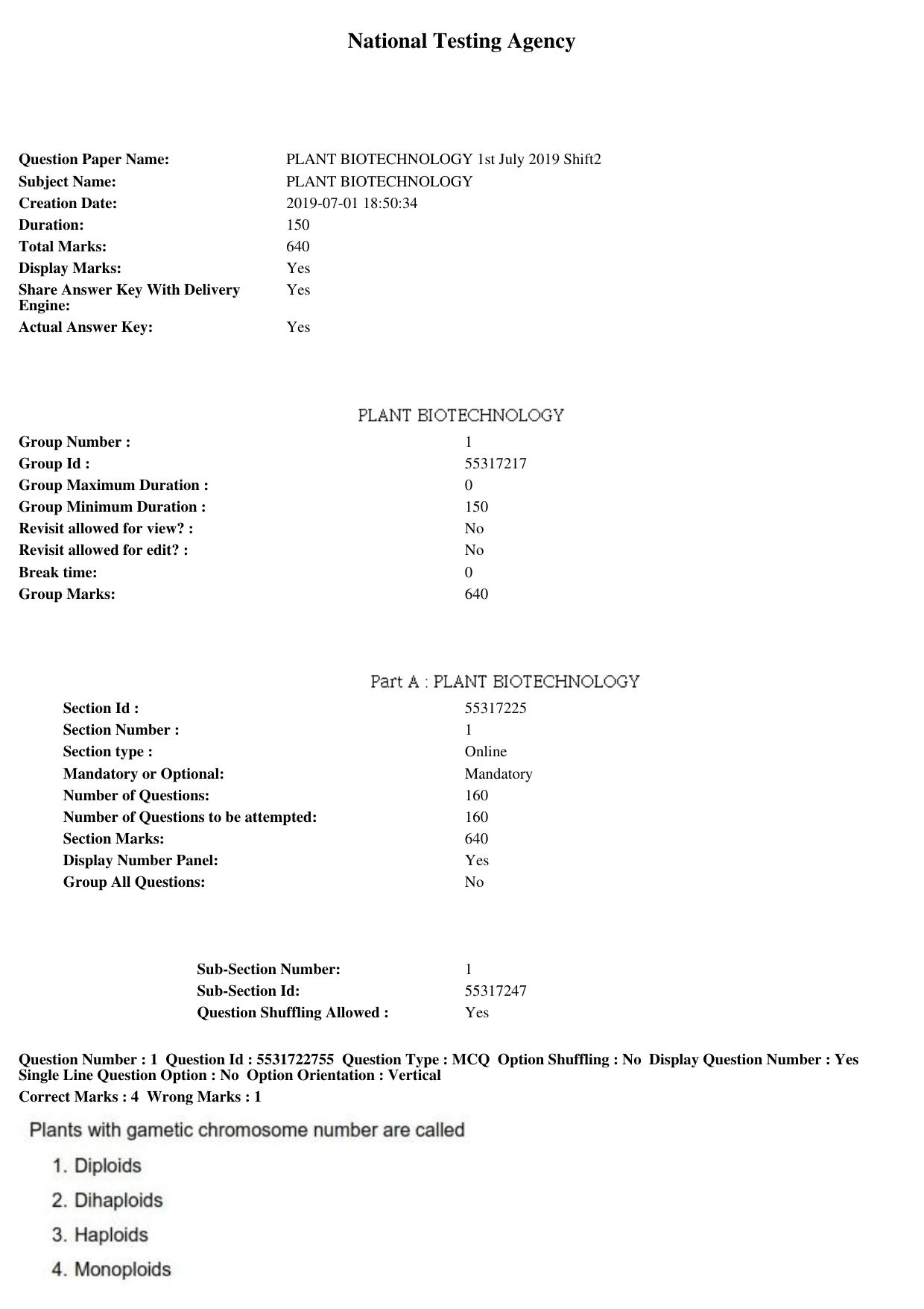 ICAR AIEEA PG 2019 PLANT BIOTECHNOLOGY Question Paper - Page 1