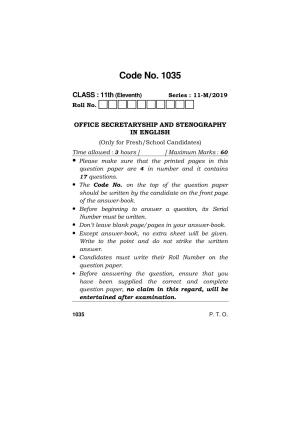 Haryana Board HBSE Class 11 OFFICE SECRETARY-SHIP AND STENOGRAPHY IN ENGLISH 2019 Question Paper