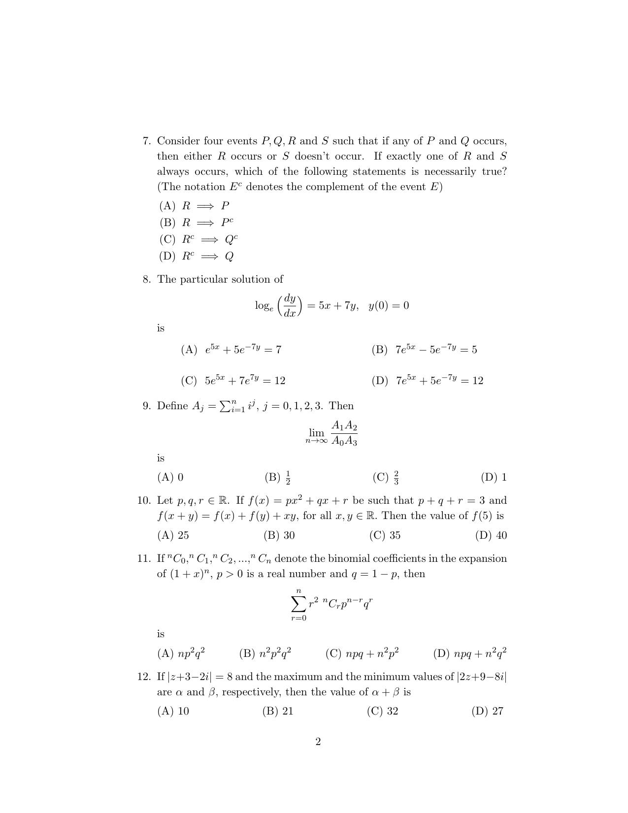 ISI Admission Test MMA (MCQ- Type) 2020 Sample Paper - Page 2