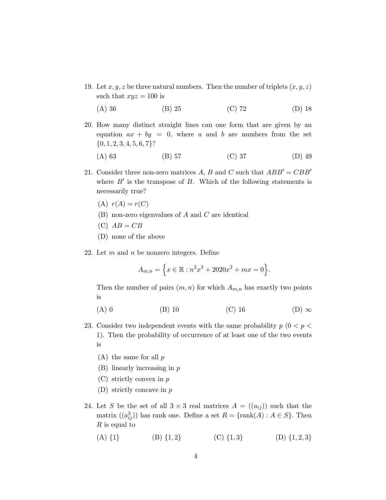 ISI Admission Test MMA (MCQ- Type) 2020 Sample Paper - Page 4
