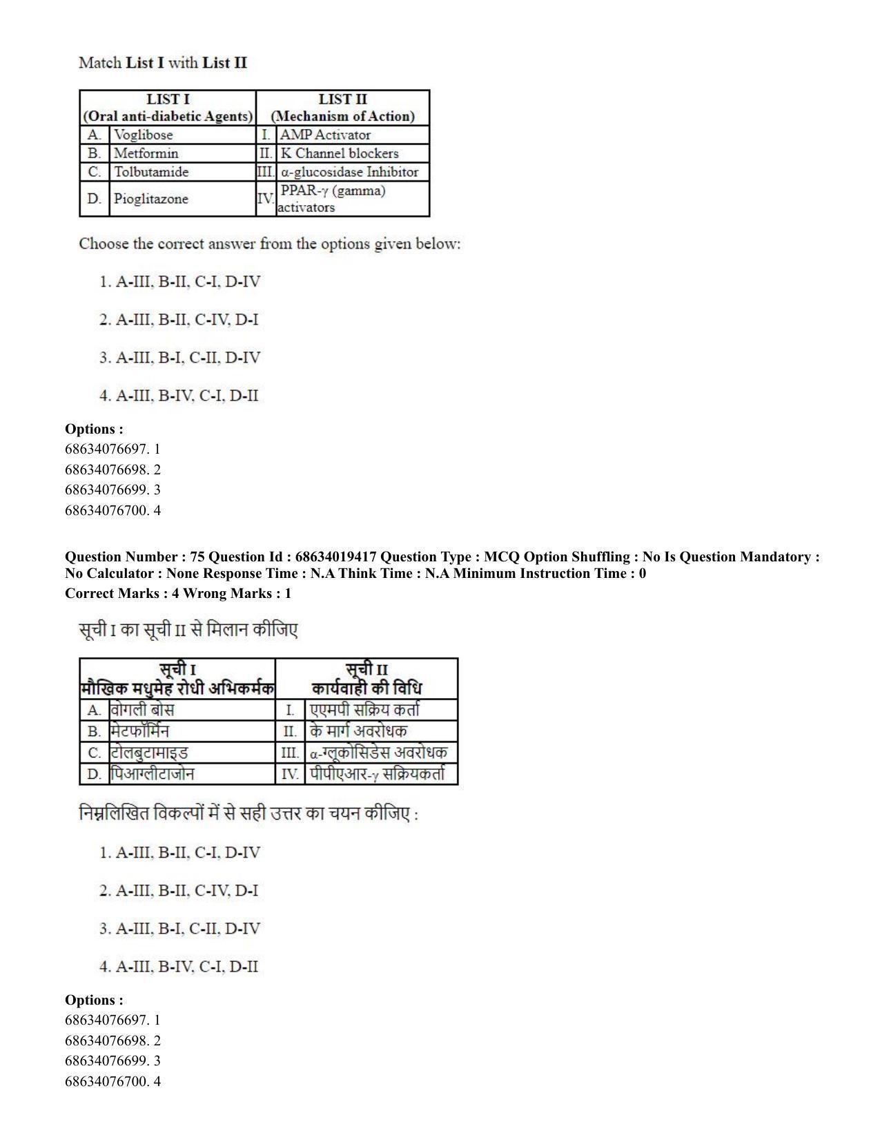CUET PG 2023: SCQP23 – Pharmacy(HINDI) - Shift 2 (13-06-2023) Question Paper - Page 75