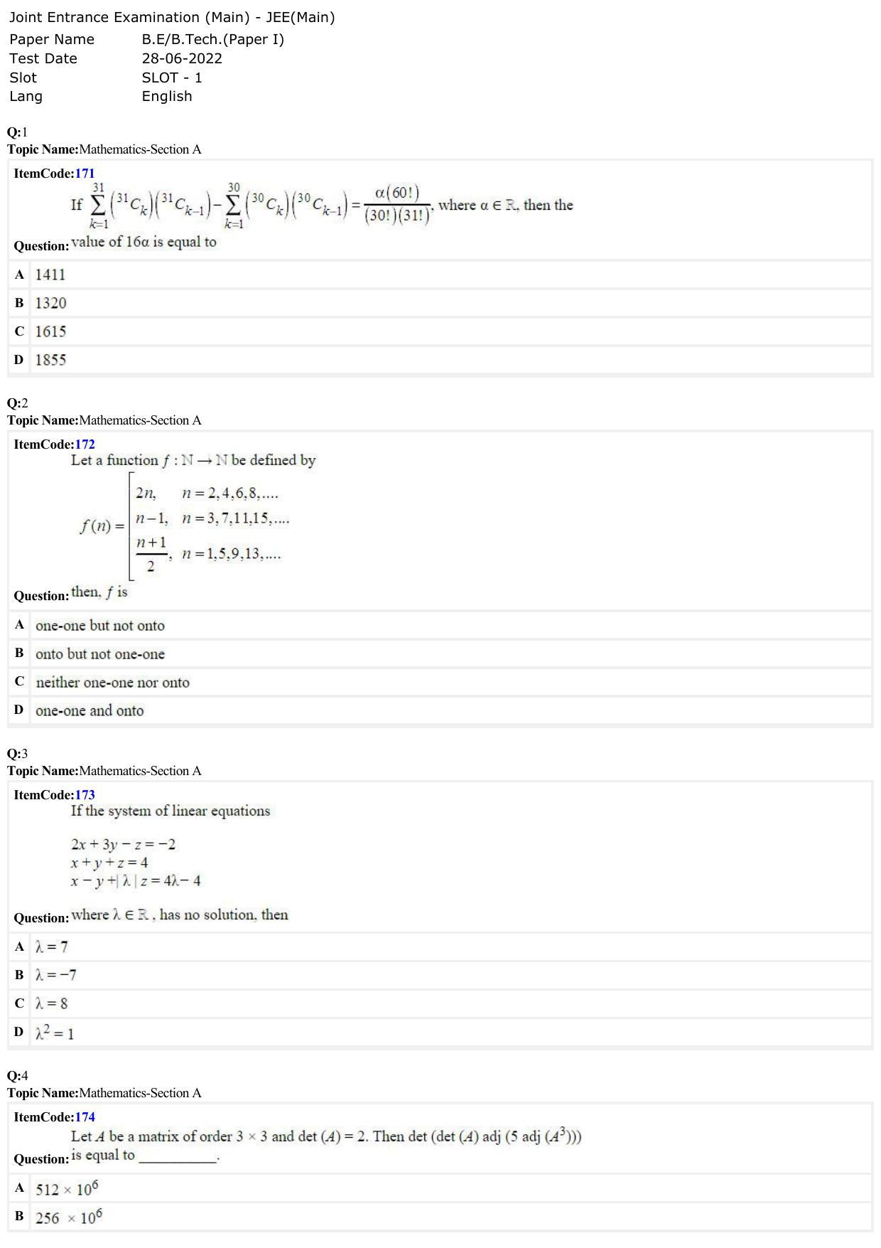 JEE Mains 2022: BTech English (Shift 1) 28-06-2022 Question Paper - Page 1