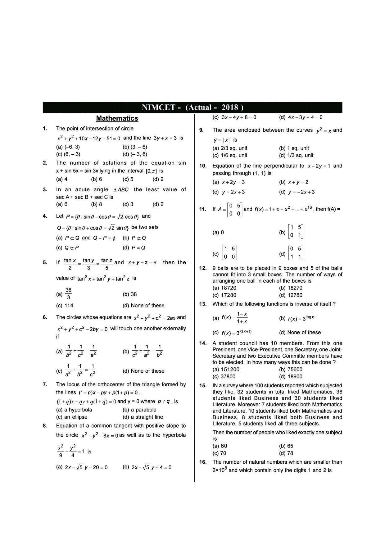 NIMCET 2018 Question Paper - Page 1