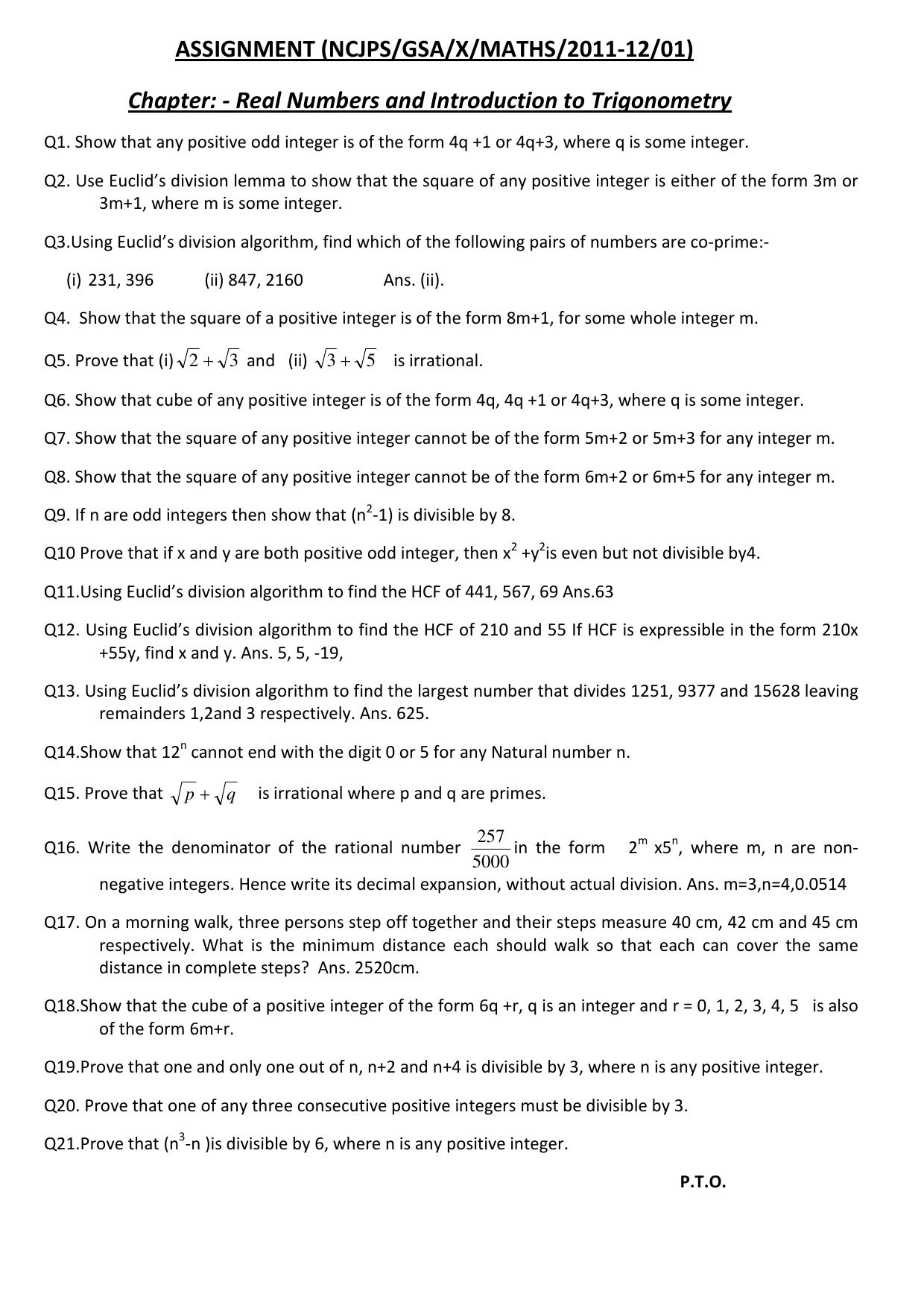CBSE Worksheets for Class 10 Maths SA1 Assignment 4 - Page 1