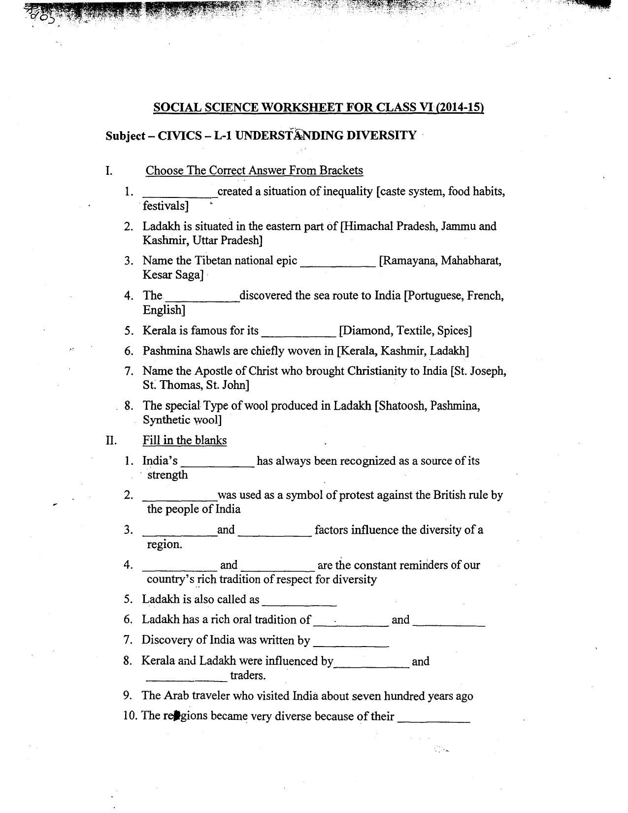 CBSE Worksheets for Class 6 Social Science Understanding Diversity Assignment - Page 1