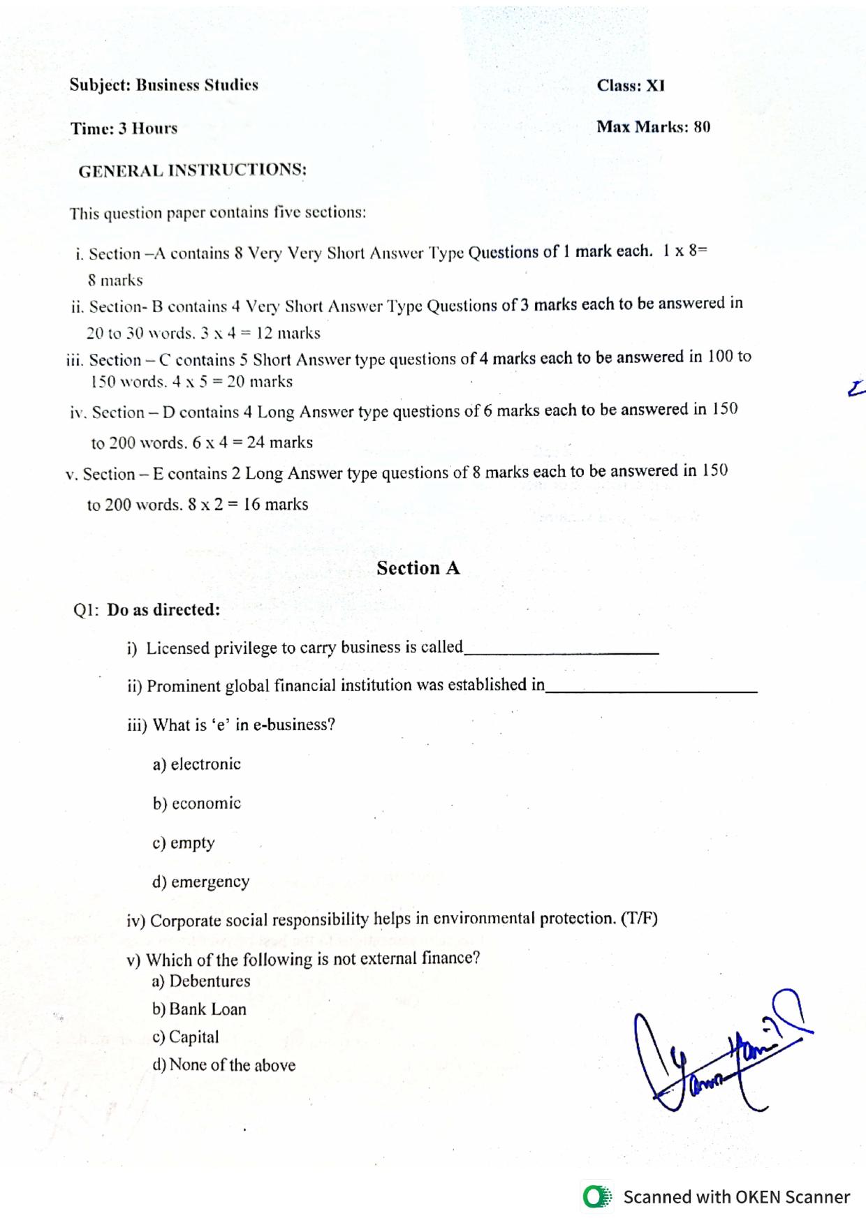 JKBOSE Class 11 Business Studies Model Question Paper - Page 1