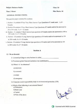 JKBOSE Class 11 Business Studies Model Question Paper