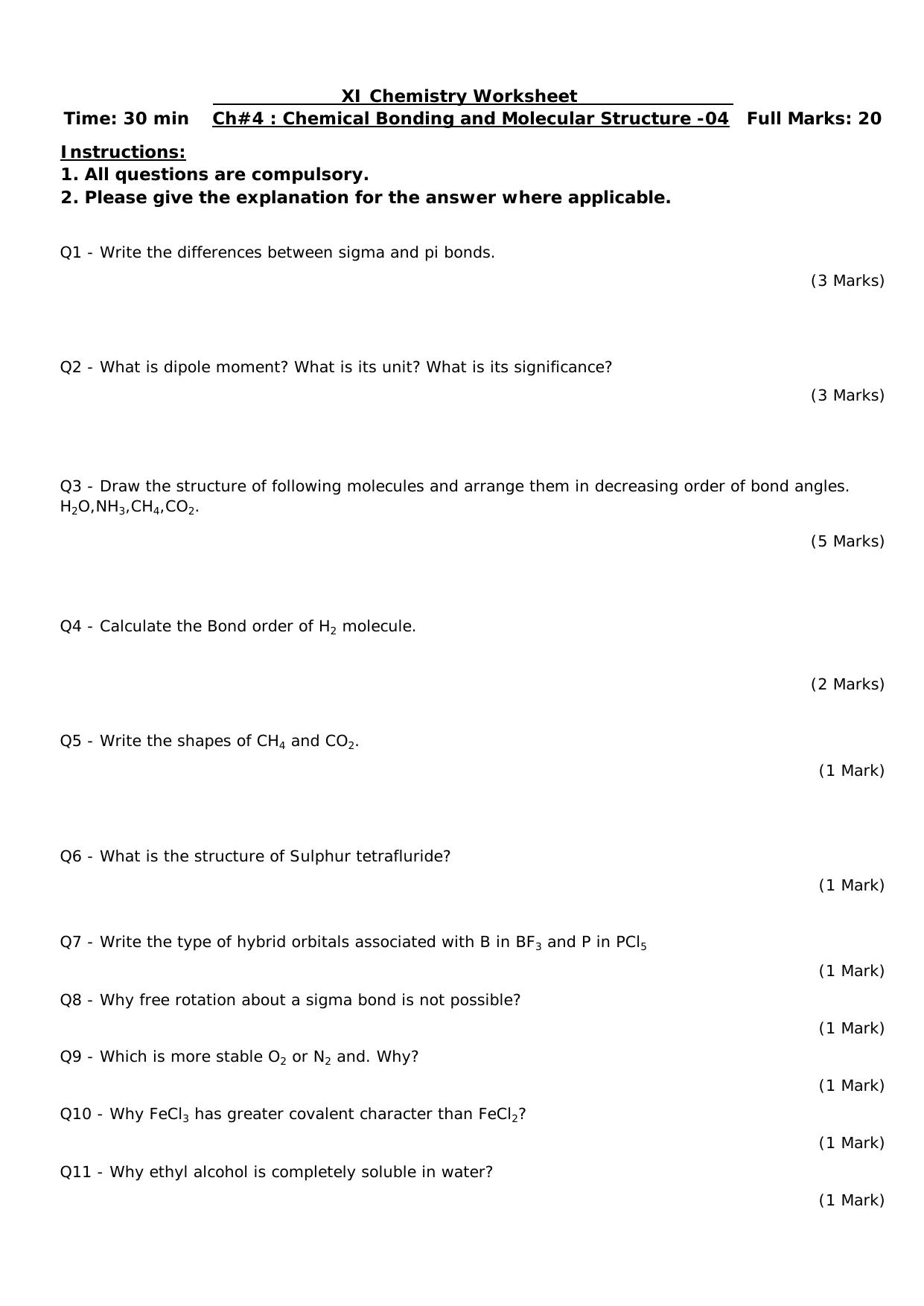 CBSE Worksheets for Class 11 Chemistry Chemical Bonding and Molecular Structure Assignment 4 - Page 1